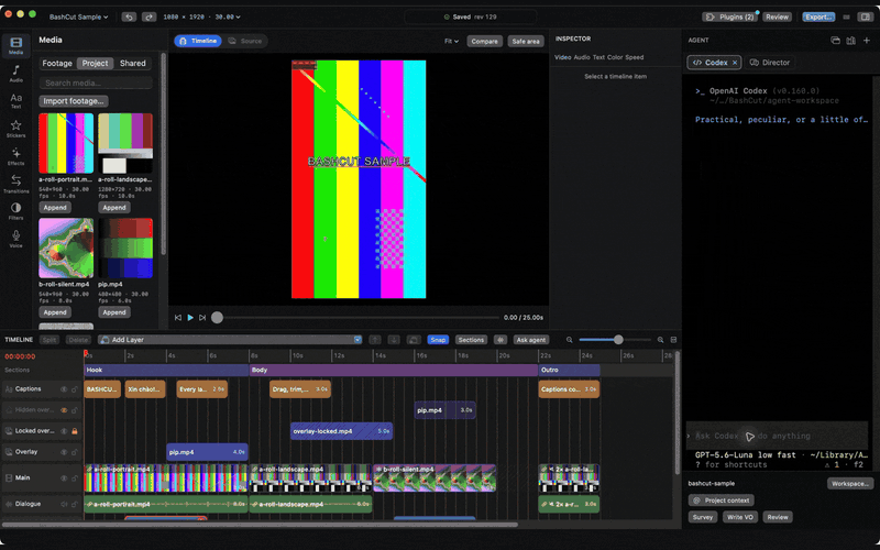 BashCut: Codex terminal beside a layered timeline with captions, transitions and color